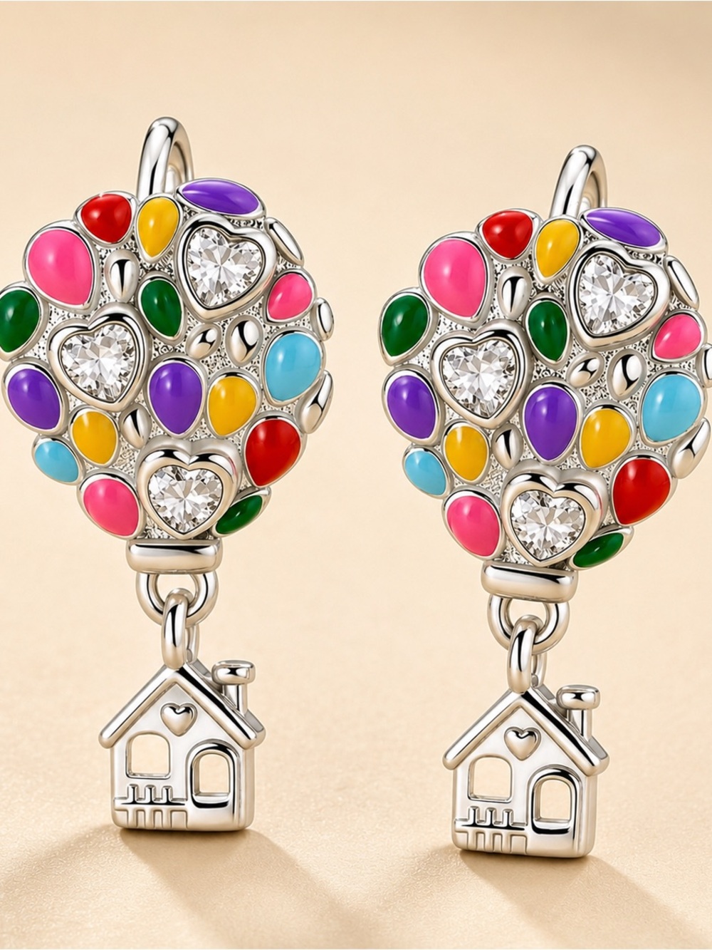 Colorful Heart Balloon Drop Earrings with House Charm - Multicolor